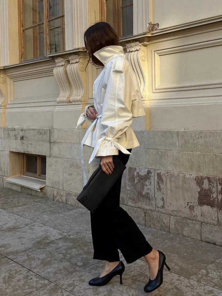 Double Breasted Waist Cinching Lace Up Short Windbreaker Women Retro Turndown Collar Long Sleeve Patchwork Coats Chic Lady Coat 251013