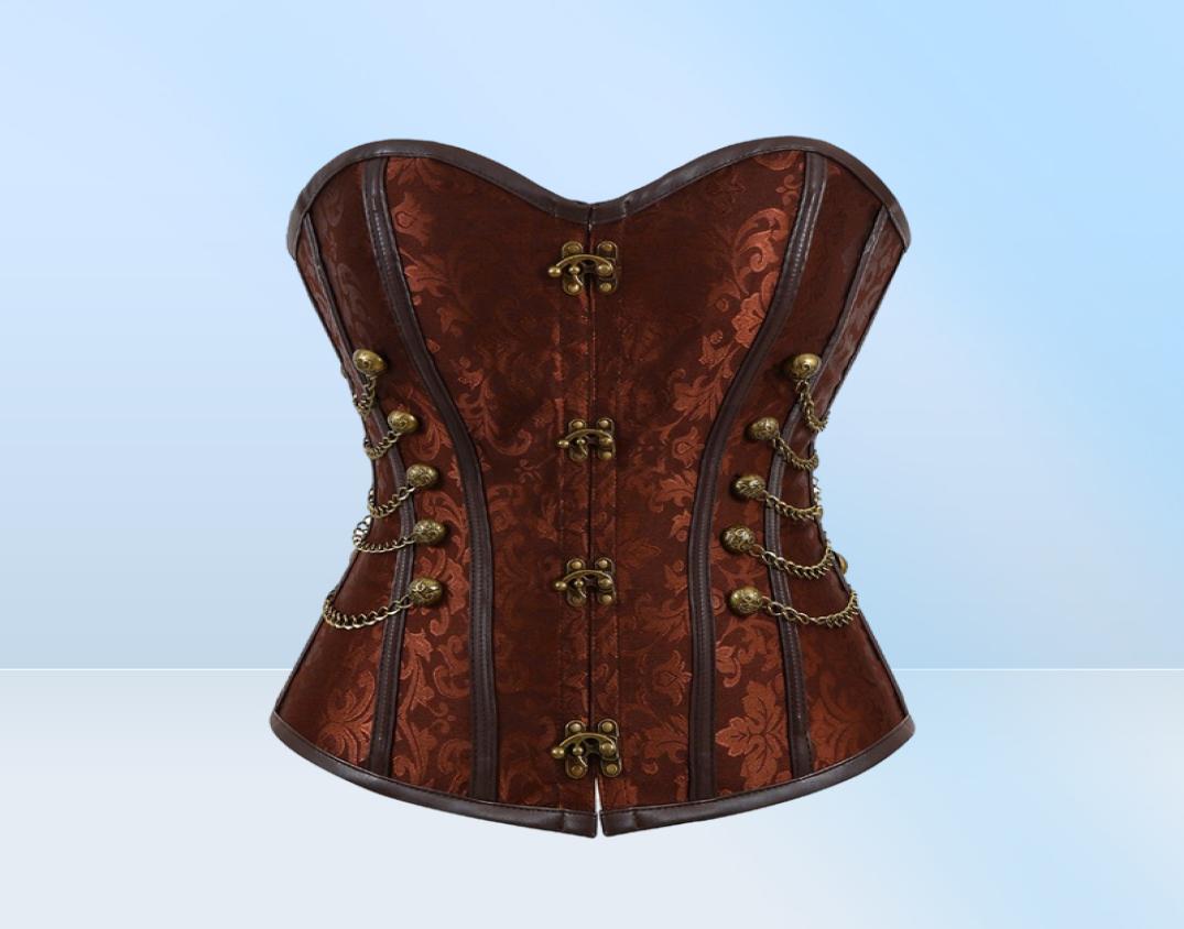 Women Vintage Steampunk Gothic PU Leather Panels Jacquard Overbust Corset Top with Chains and Buttons Accent S6XL Plus Size Brown5830902