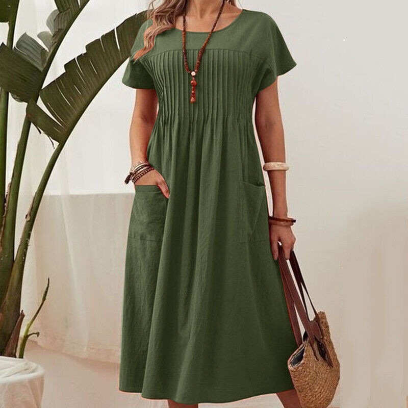 Women's Long New Solid Color Round Neck Pocket Ruched Short Sleeve Cotton Dress