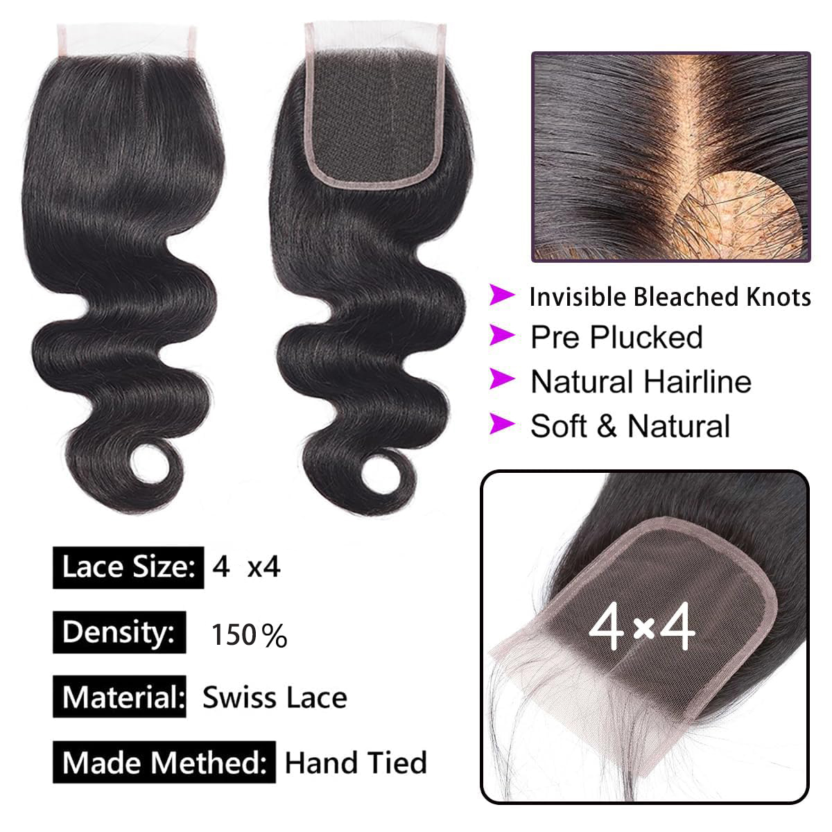 4x4 Body Wave Lace Closure 150 Density Unprocessed Virgin Human Hair Free Part 10-22 Inch Natural Black Pre Plucked Glueless Install