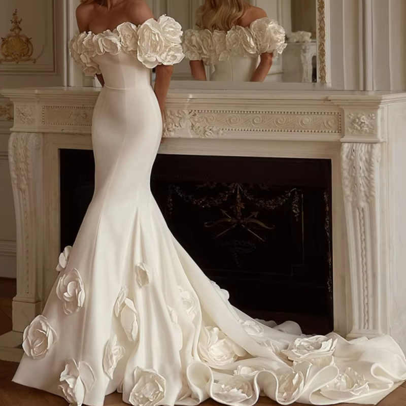 White Off Shoulder 3D Flowers Wedding Dress Customized Mermaid Chapel Train vestidos de novia Elegant Button Back Formal Occasion