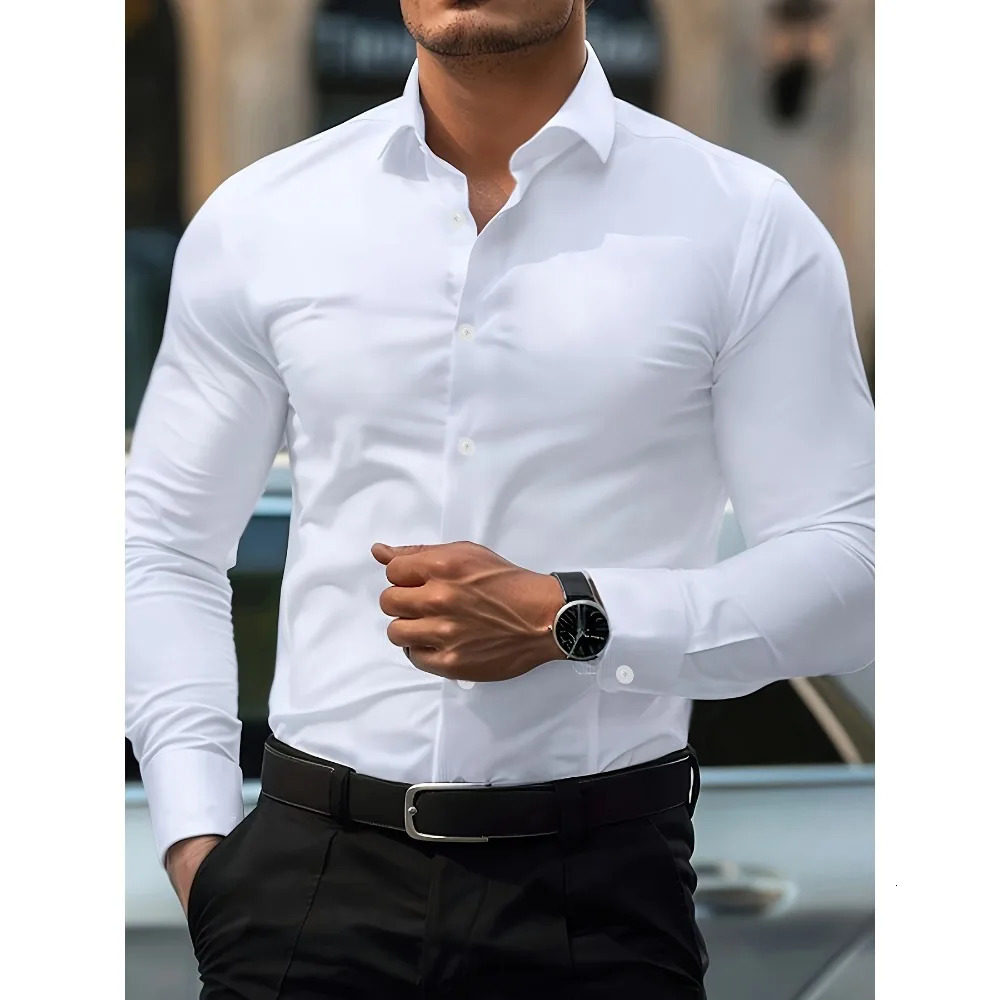 FGKKS Men Casual Shirt Fashion Solid Color Long Sleeve Elastic Fabric Male Business Dress Shirt 251023