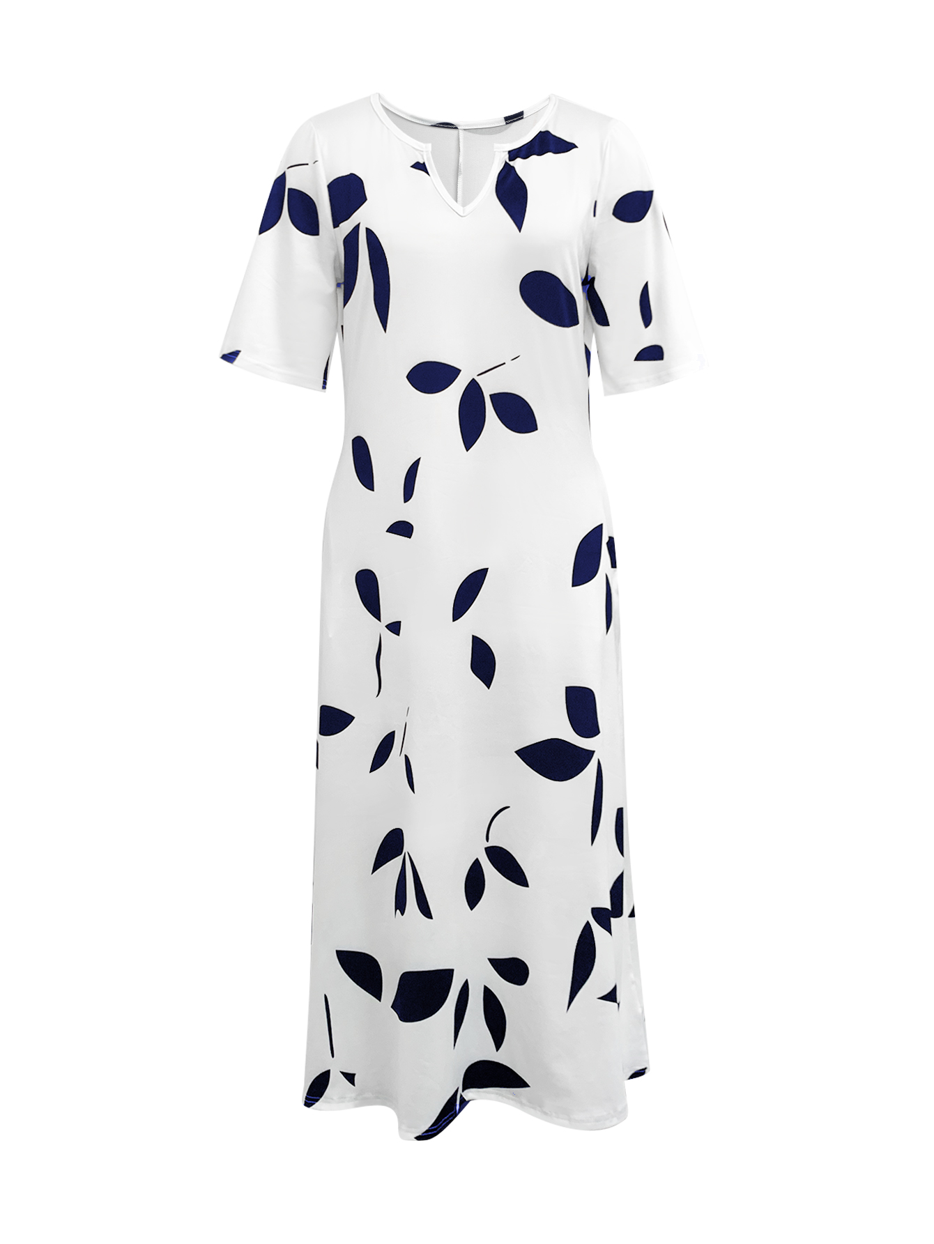 Spring Summer New Women's Fashion Vacation Style Plant Leaf Printed V-Neck Midi Dress, Milk Silk White Dress, S-XXL---CF52919