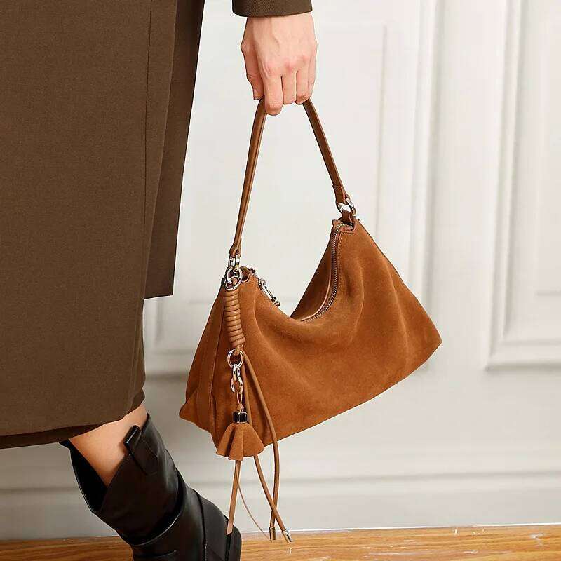 Winter High-End Frosted Cowhide Women's Tassel Handbag Matte Suede Leather Female Shoulder Bag For Work Travel Purses 251023 1025