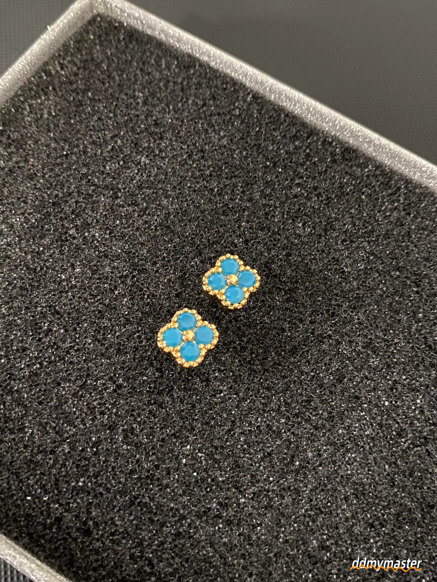Gold-Toned Clover Stud Earrings With Blue Gemstone Accents - Elegant Jewelry For Daily Wear And Parties Ddmymaster
