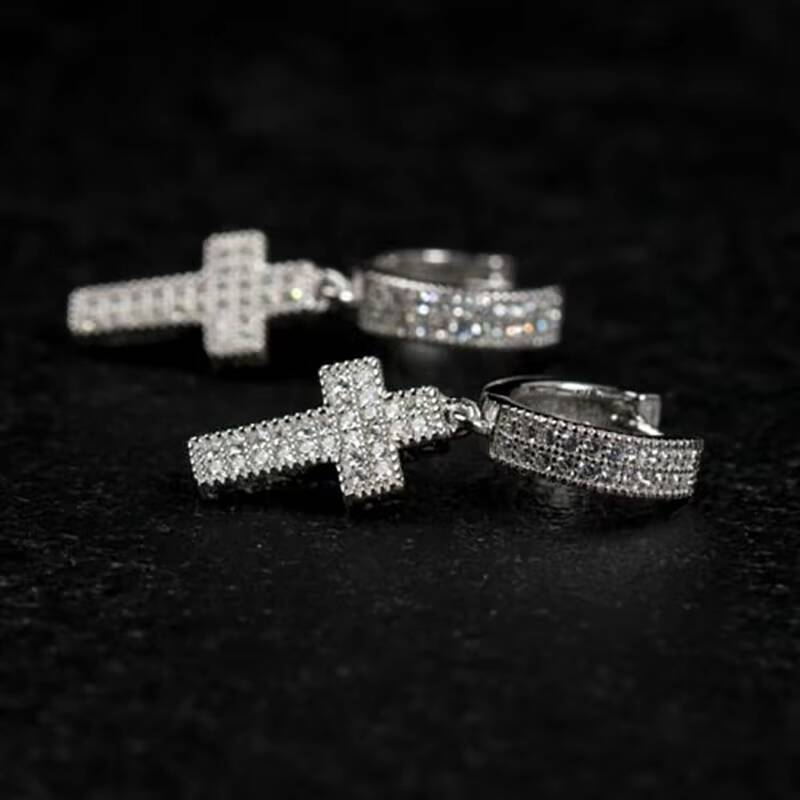 High Quality Hoop Cross Stud VVC MOISSANITE Earrings Male 925 Sterling Silver Earring Jewelry Luxury Punk Cross Earrings