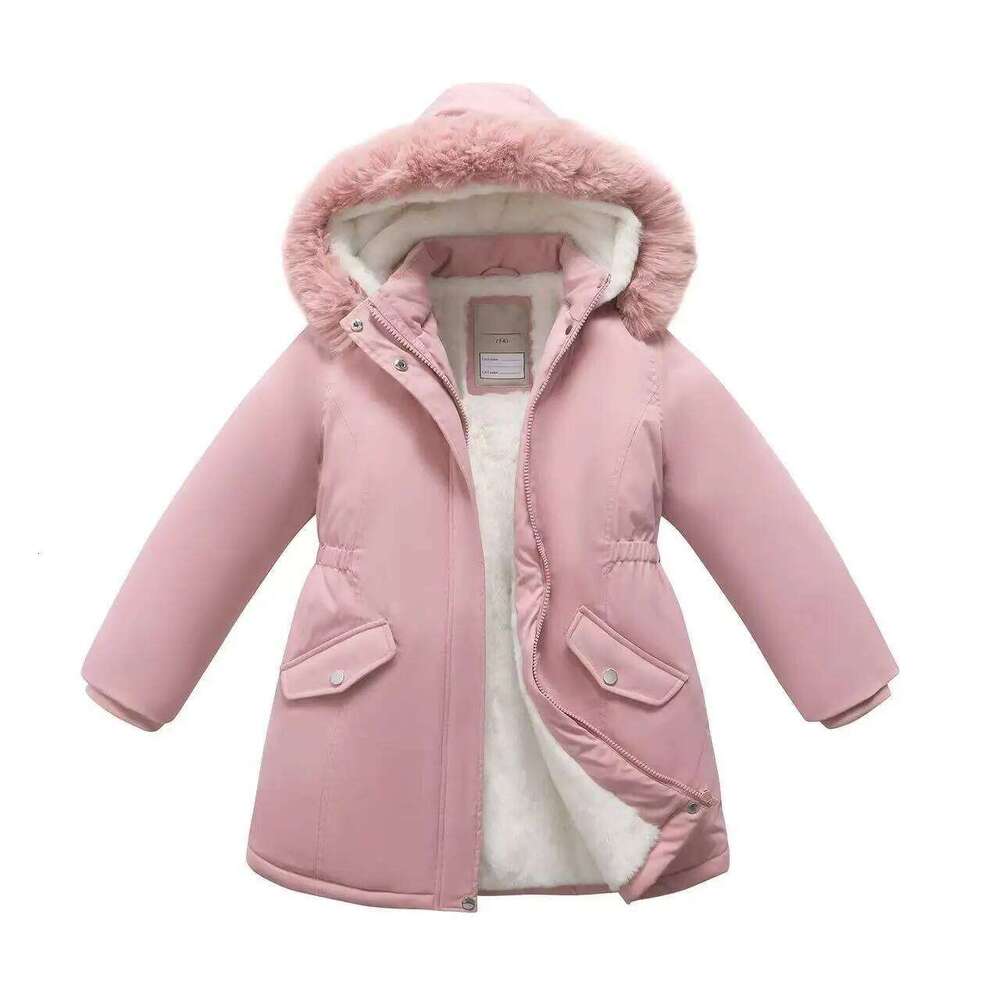 Teen Girls Winter Parkas New Kids Solid Color Waist Thickened Insulation Plush Hood Jacket Coat Children Clothes Long Outerwear