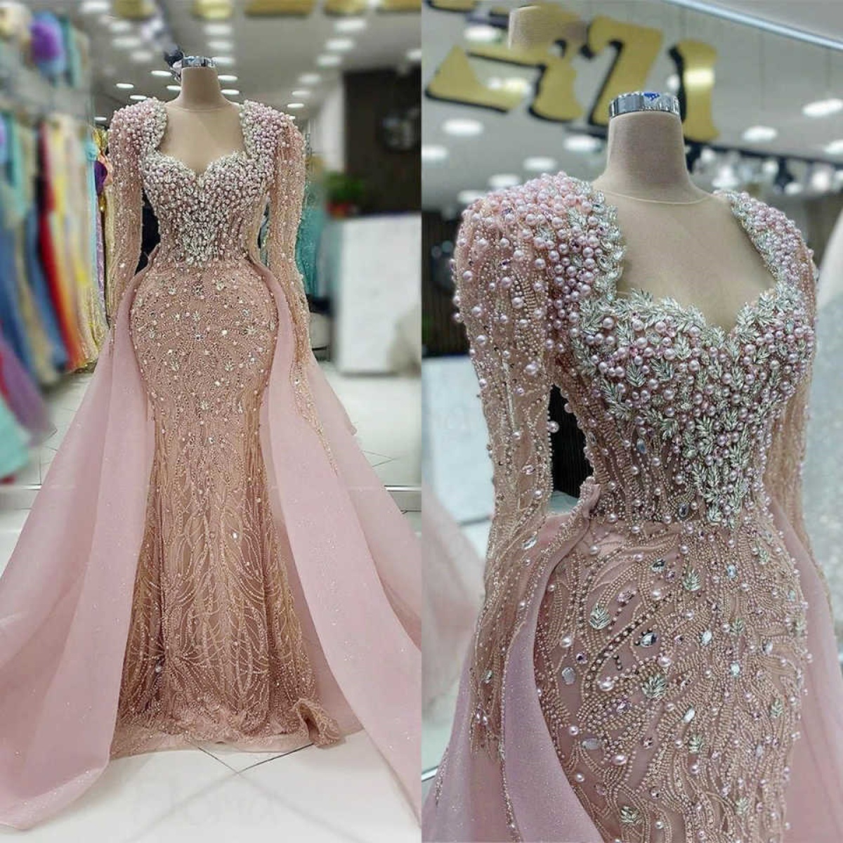 Sparkling Women Evening Dress Long Sleeve Pearls Rhinestone Wedding Dinner Party Bride Gowns Formal Prom Dress Customized