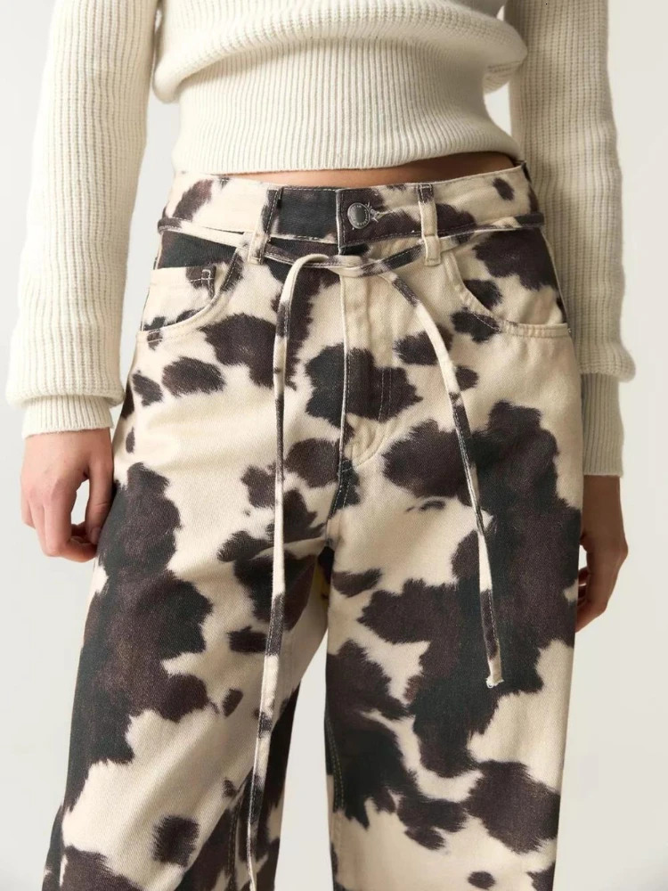 HOUZHOU Vintage Cow Print Jeans Women Y2k Baggy Hip Hop Washed Denim Trousers Grunge Retro Streetwear Wide Leg Jeans Aesthetic 251023