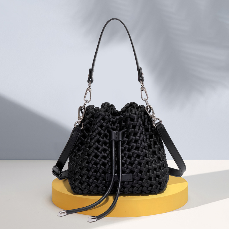 New Silk Woven Bucket Fashion Trend Handbag High-end Versatile Mini Casual Shoulder Crossbody Bag