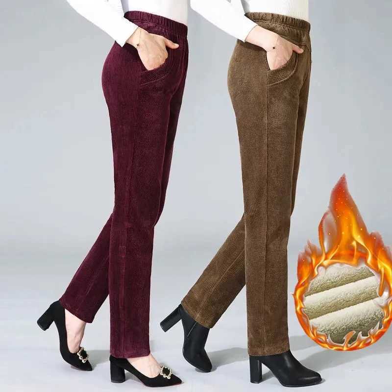 Casual Snow Wear Thick Warm Trousers Office Lady High Waist Stretch Fleece Bottoms Plus Velvet Corduroy Winter Pants Women BrownT251025
