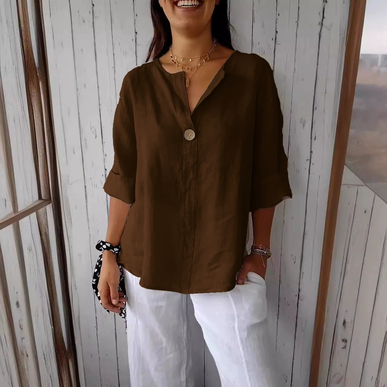 2025 Autumn Winter New Casual Button Round Neck Loose TShirt Womens Fashion