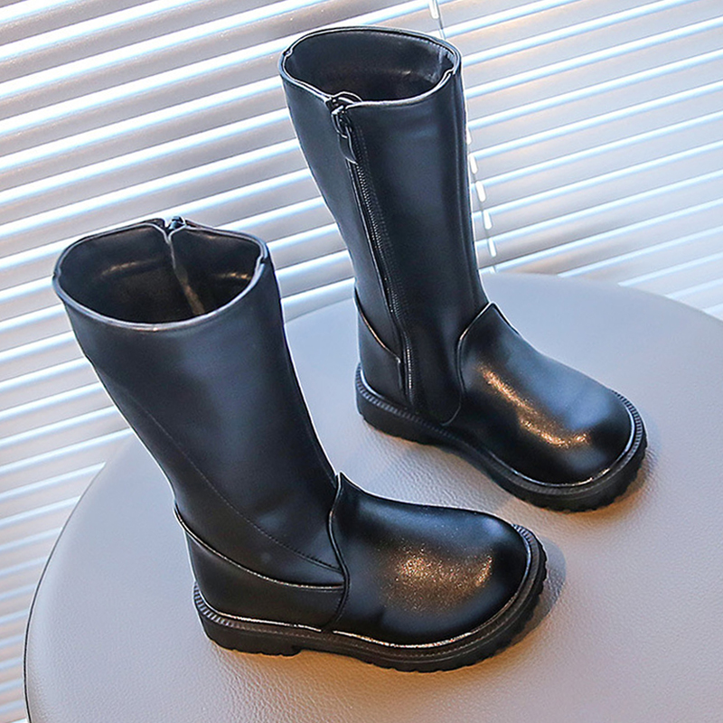 Girls Long Boots Black PU Leather Kids High Boots Winter Fashion Design Warm Fur Littlesprouts Children Girl Motorcycle Boots Sizes 26 - 36 US9C-US4Y 
