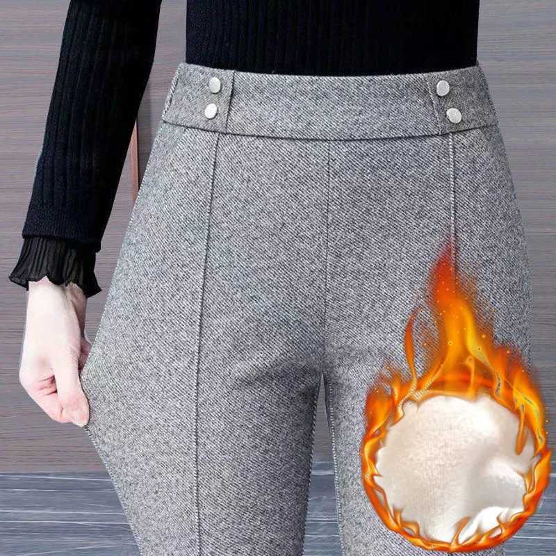 Velveteen Lined Woolen Flare Suit Pants Slim Winter Elastic High Waist Office Elagant Casual Pantalones Classic Women SpodnieT251025