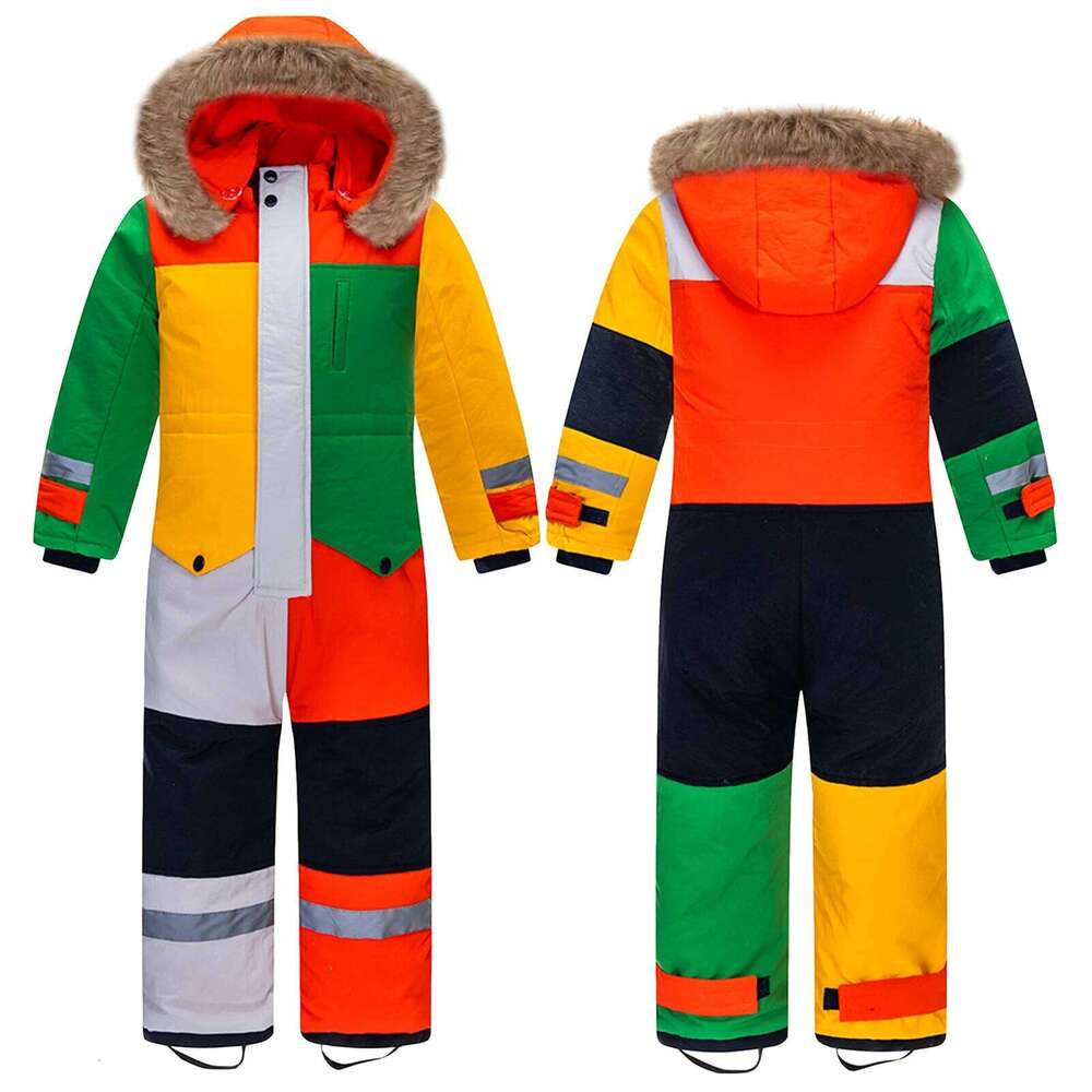 One-Piece Children's Ski Suits Snowboarding Fur Collar Hooded Thickening Windproof Warm Winter Skiing Clothes For Girls Boys