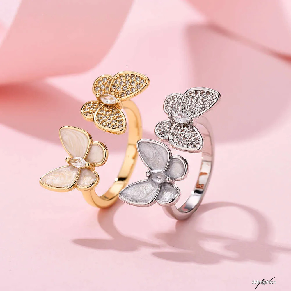 Open Adjustable Ring With Double Butterfly Design - Mother Of Pearl & Rhinestone Elegant Women's Jewelry Ddmymon