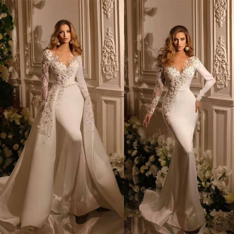 Customized V Neck Mermaid Wedding Dresses Long sleeve Pearls Embroidery Detachable Overskirts Vestido De Novia