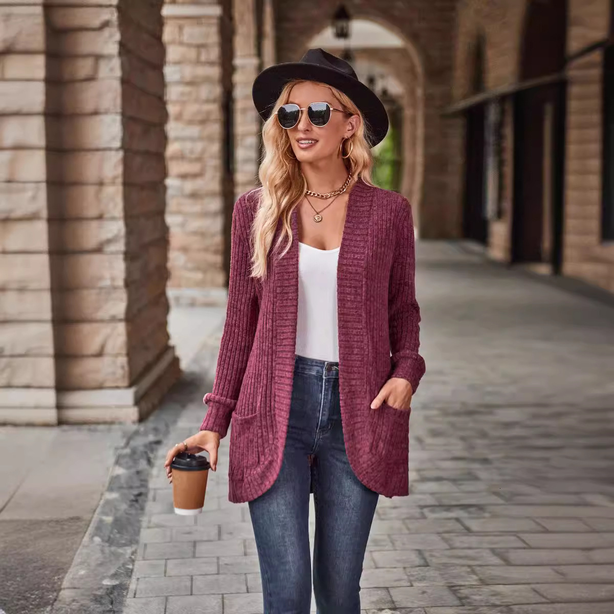 2025 Autumn New Solid Color Ribbed Brushed Casual Patchwork Long Sleeve Cardigan Jacket