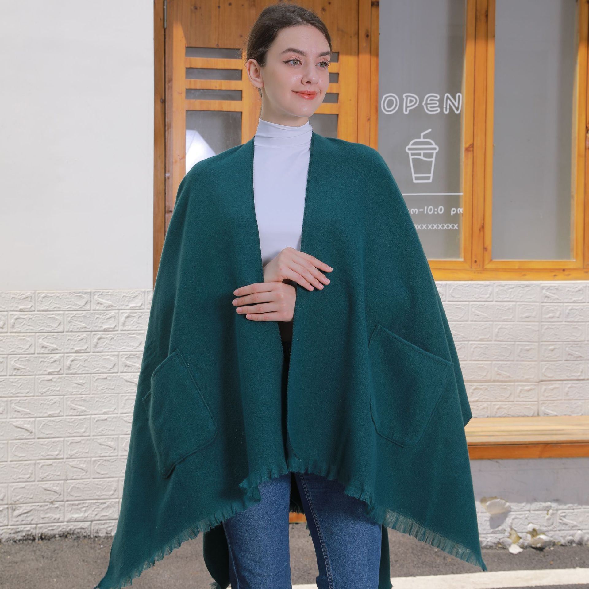 New Solid Color Pocket Shawl for Women Versatile Tassel Split Cape Travel Outerwear Warm Cardigan