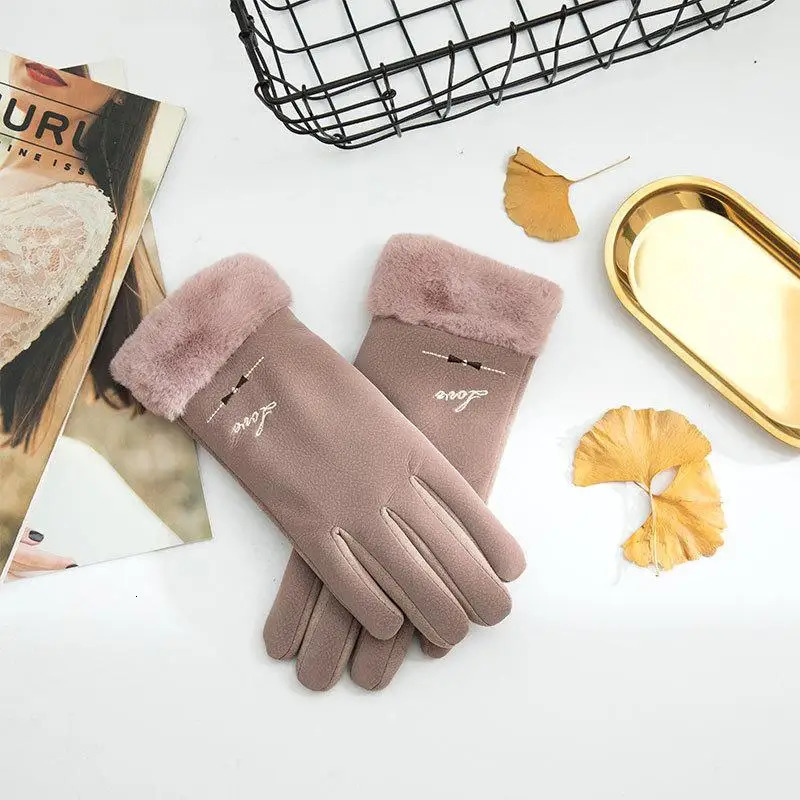 Suede Winter Ladies Gloves Korean Cute Thick Autumn and Winter Warm Driving and Riding Touch Screen Gloves 251023