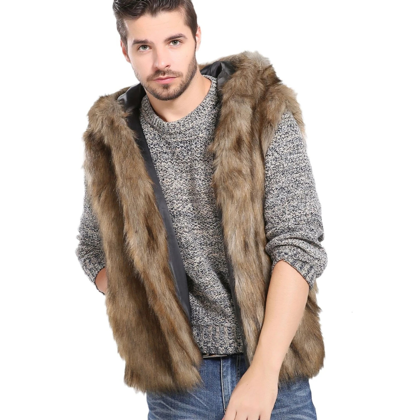 Faux Fur Men Vest Coats Hooded Sleeveless Short Coat Thick Y2k Streetwear Jackets Open Stitch Outerwear 2025 Autumn Winter 251020