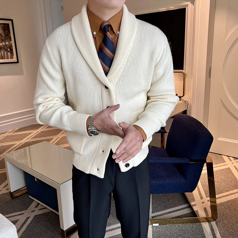 Winter Mens Knitted Buttons Cardigan Sweatercoat Long Sleeve Casual Streetwear Suit Collar Solid Vintage Coat 251020