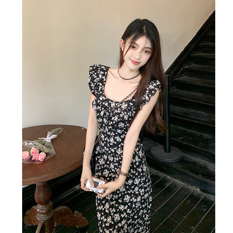Summer new fashion designer women's ruffled floral high-end waist cinching slimming dress