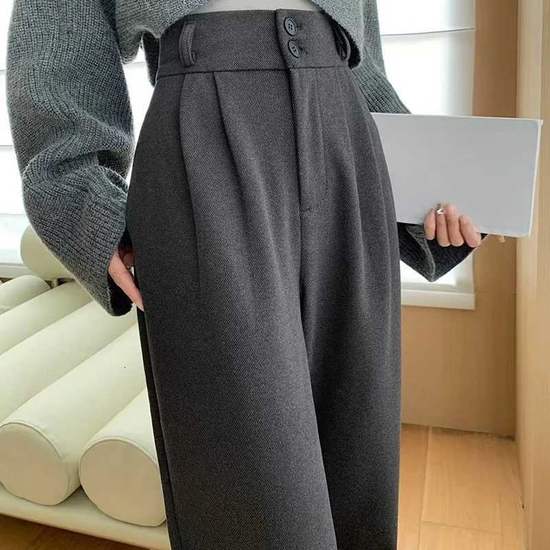 Autumn Winter High Waist Woolen Womens Wide Leg Pants 2025 New Button Korean Casual Loose Straight Full Length Trousers FemaleT251025