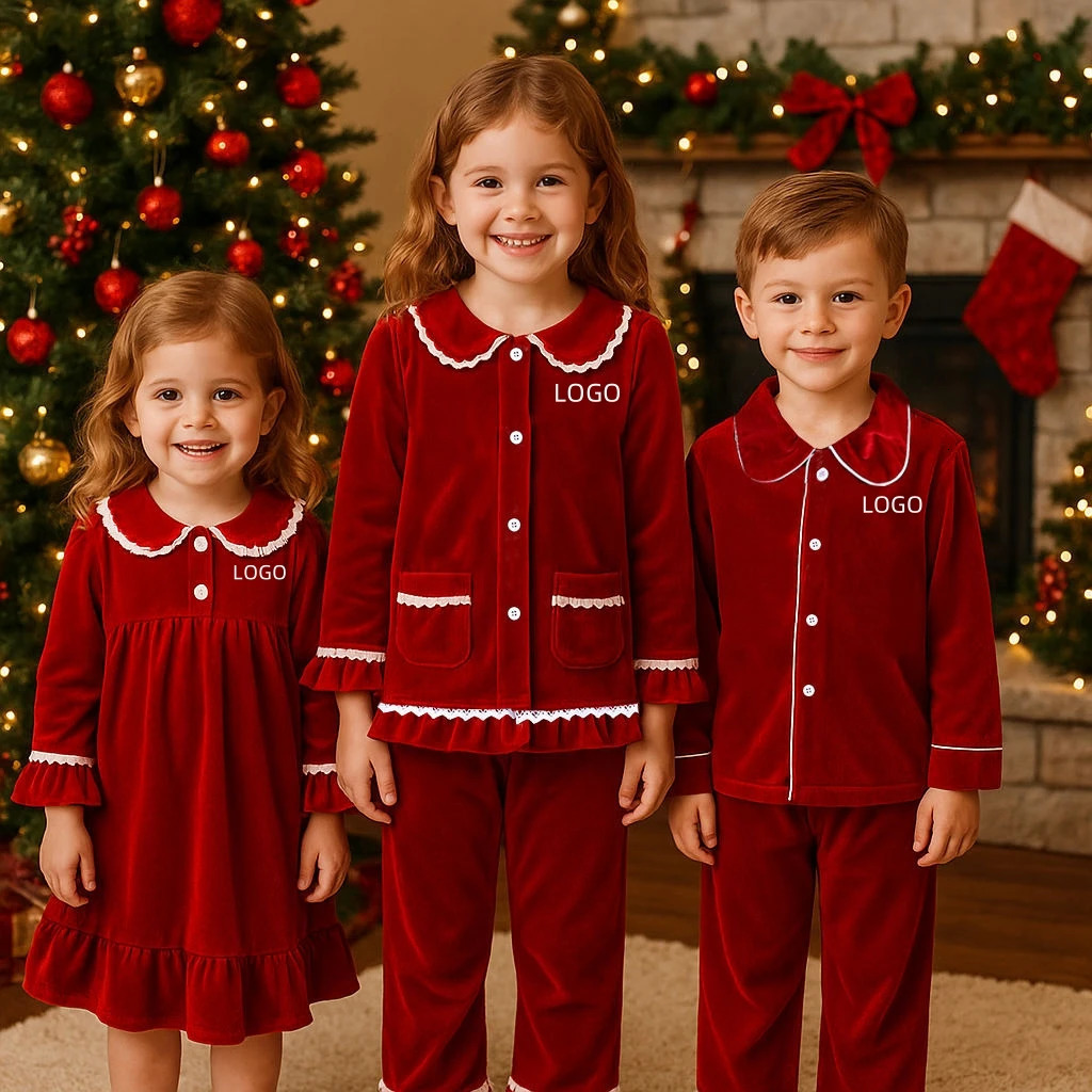 Kids Christmas Custom Costume Red Velvet Print Pyjamas Set Family Match Toddler Boy Girl Robes Dress Suit Xmas Gift Clothes 251023