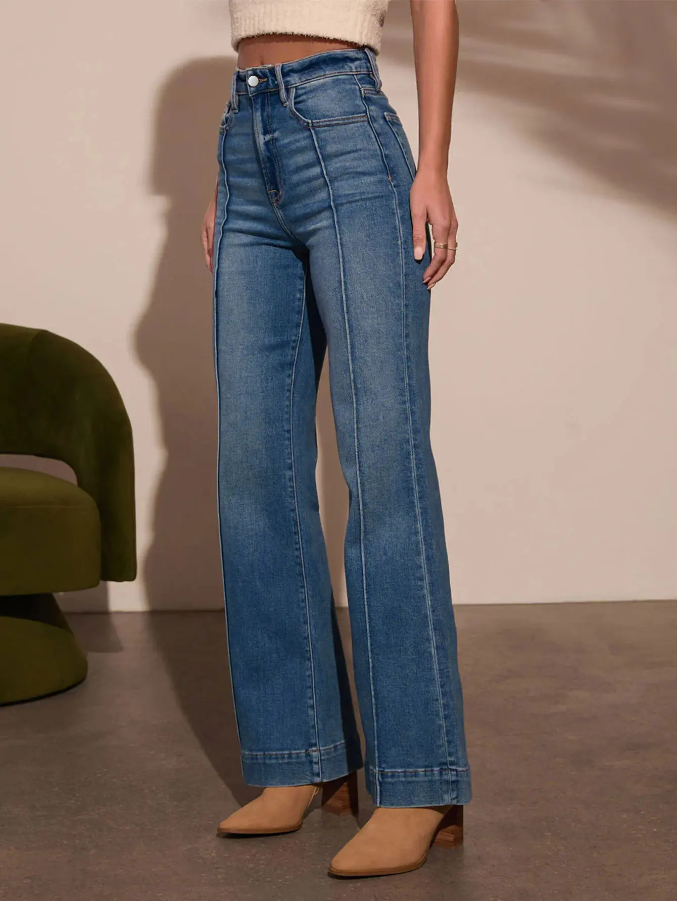 Autumn womens dark blue high waist straight jeans slim fit wide leg version stretch denim fabric elegant intellectual jeans 251023