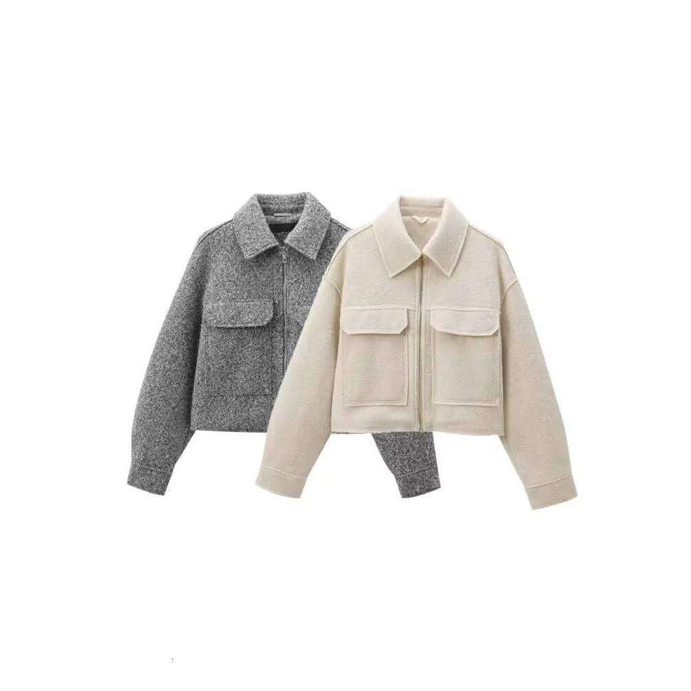 Cropped Jacket With Pockets For Women Long Sleeve Coat Front Zipper Female Outerwear Chic Tops Fashion