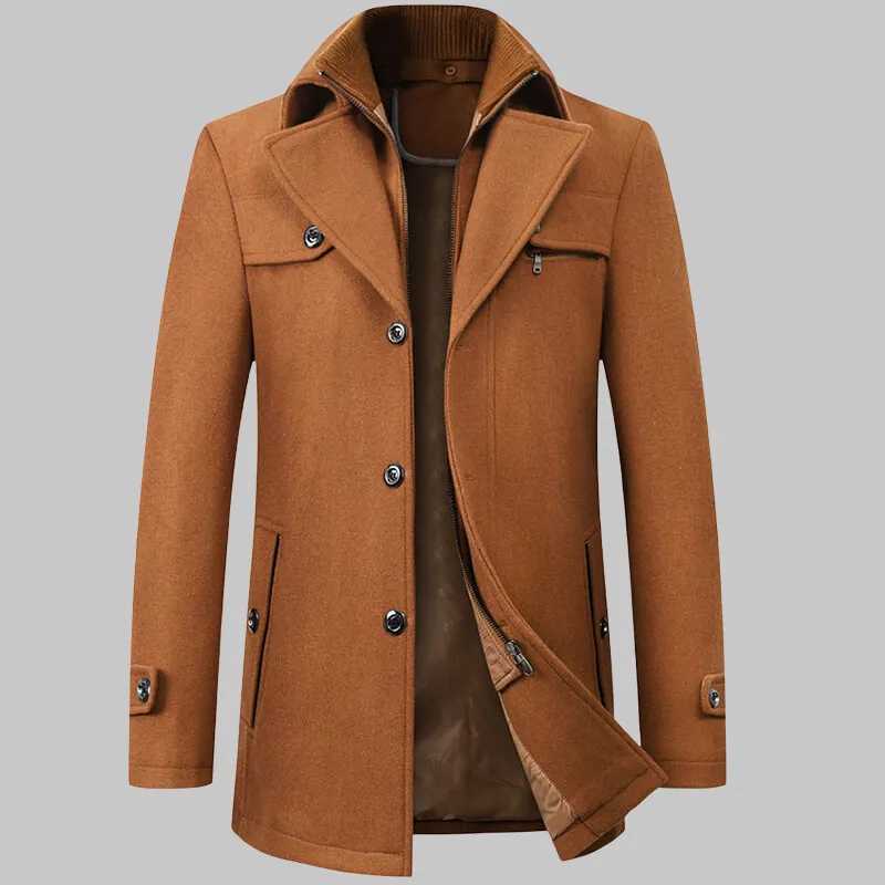 2025 High quality mens wool coat medium length double collar winter plus cotton thickened wool coat mens coatT251025