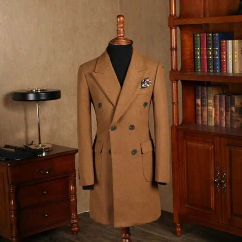 Men Wool Overcoat Doublebreasted 6 Button Peak Lapel Suit Long Outwear Jacket Customized Fashion Brown Long CoatT251025