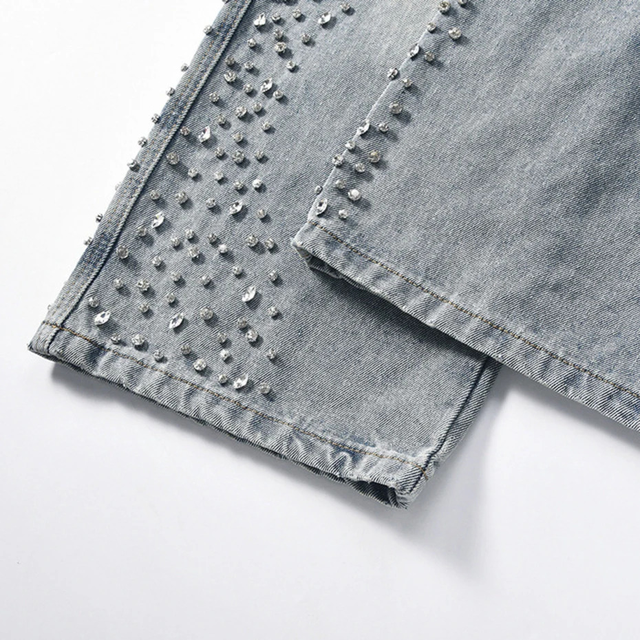 Diamond Jeans Side Rhinestone Wide Leg Baggy Jeans Men Streetwear Fashion Denim Pants Black Blue Hipster Jeans 251023