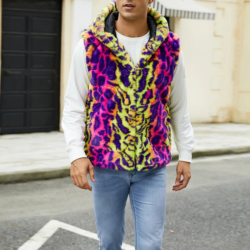 Men Vest Jacket Casual Spring Leopard Print Faux Fur Hoodie Cardigan for Fall Outwear Streetwear 251020