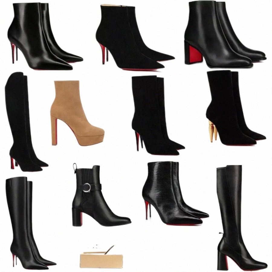2025 Designer Heels Boots Women Dress Shoes Leather Suede Red Shiny Bottomboots Stiletto Genuine Leather Woman Boots with Dust Bag 35-43 S3KI#