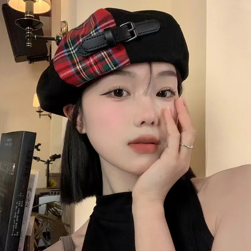 Korean Version of Fashionable Belt Buckle Color Matching Beret Childrens SpringSummer Retro British Plaid Painter Pumpkin Hat 251023