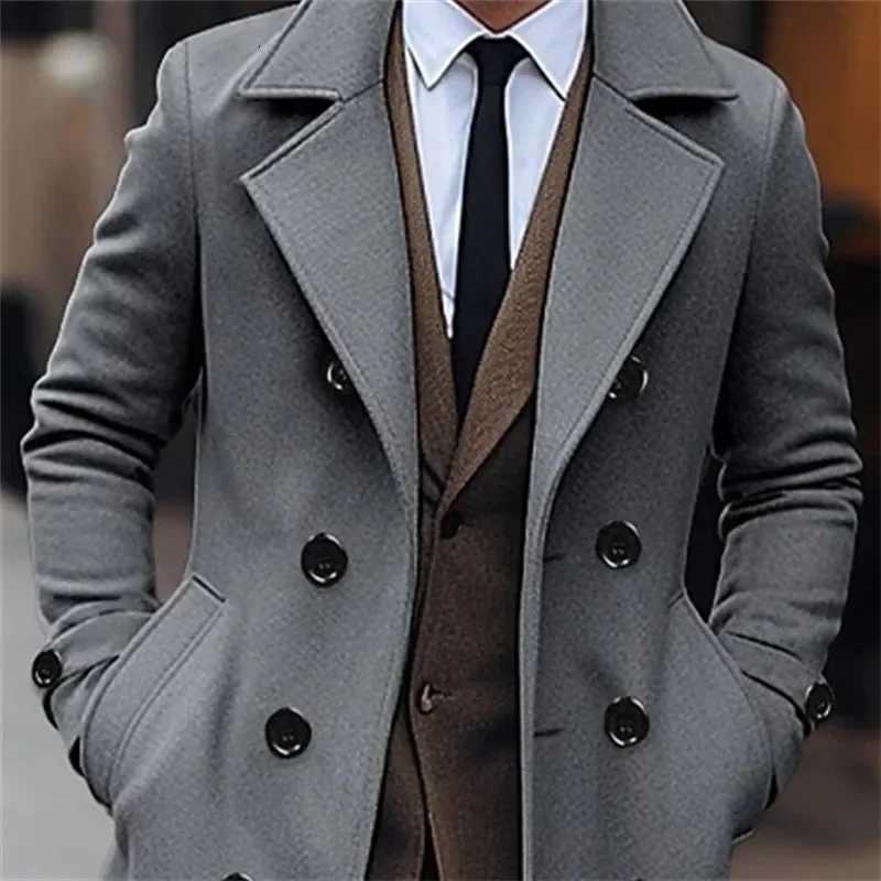 Autumn Winter Mens Woolen Coats Business Casual Fashion Double Breasted Long Woolen Trench Male England Style Wool Blends CoatT251025