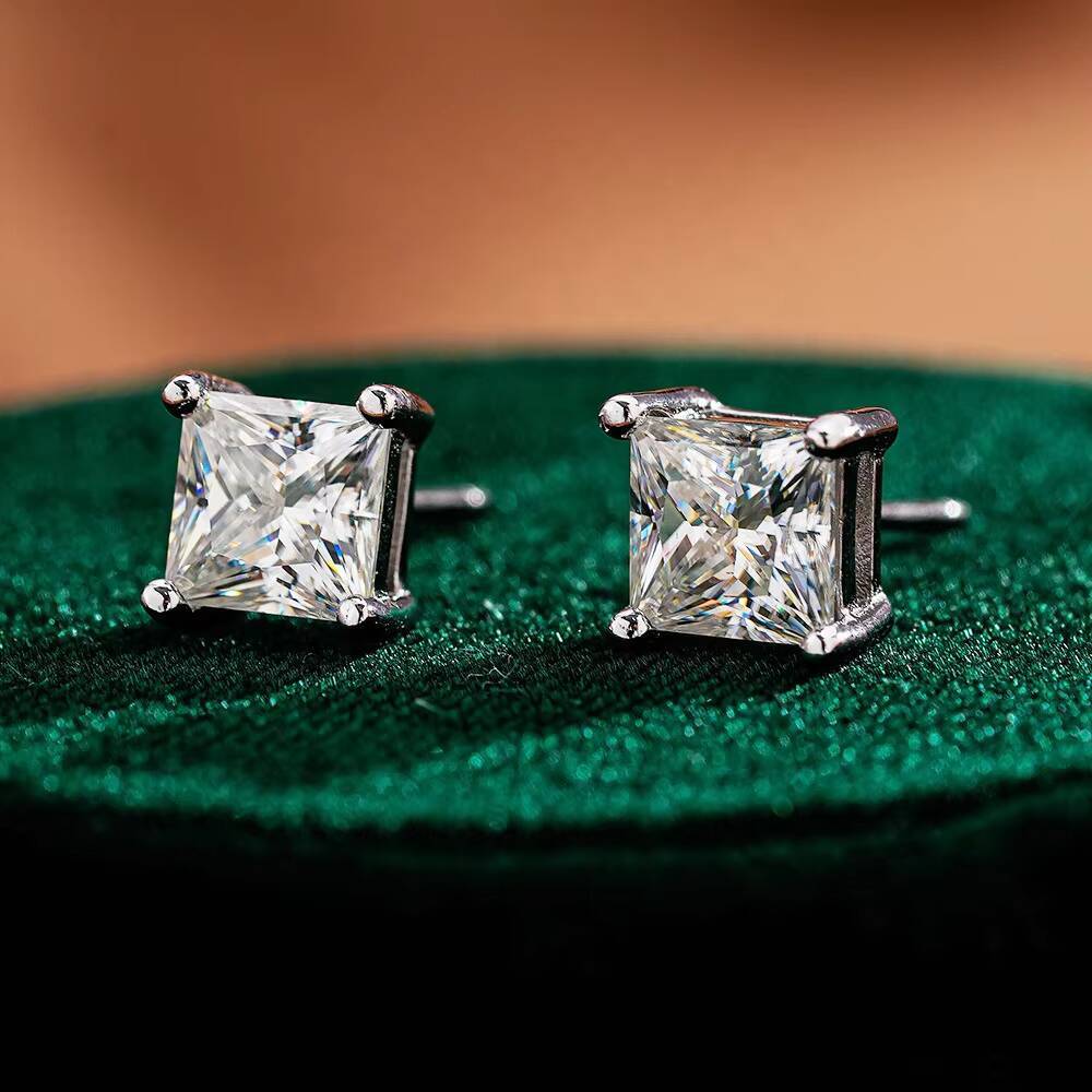 925 Sterling Silver Princess Moissanite Earrings VVS1 Lab Created Diamond for Men and Women Stud Jewelry