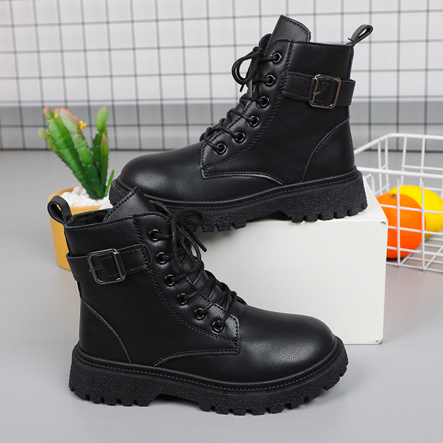 Kids Girl Boots Design Children Winter Lace Up Platform Wedges Comfortable Round Toe Non-slip Ankle Boots Black Plus Sizes 27 - 38 W1186