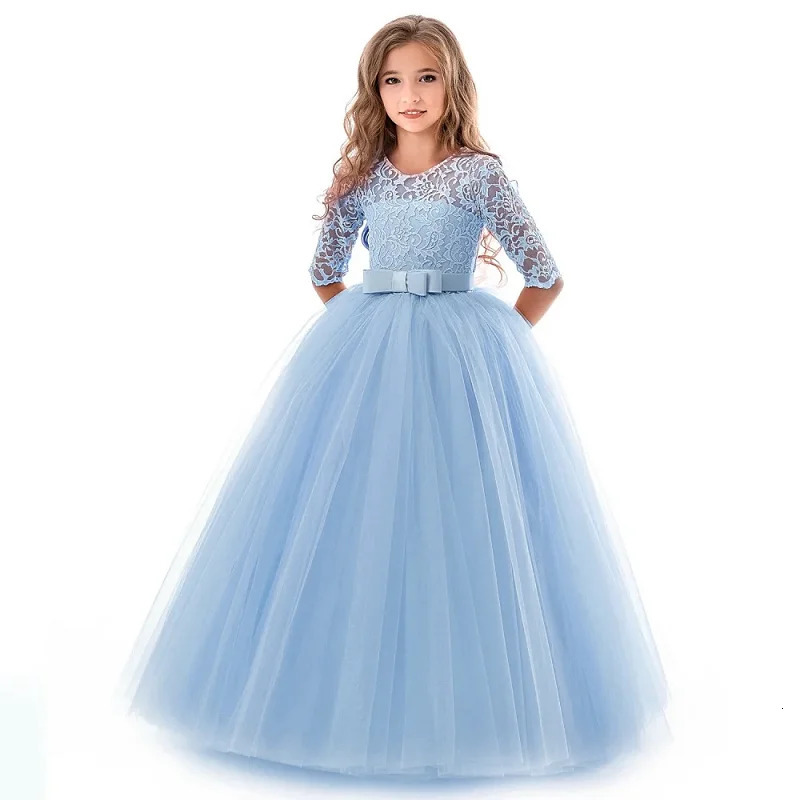 Girls Dress 414 Year Old Girls Bow Long Sleeve Princess Dress Lace Long Mesh Dress Wedding Dress Flower Girl PerformanceDress 251023