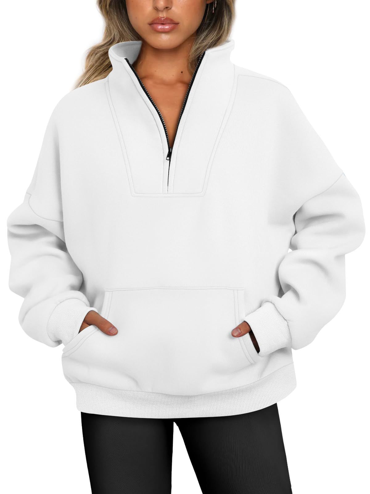 2025 Autumn Winter Stand Collar Solid Color Hoodie with Pockets and Zipper Women's Casual Loose Fleece Ribbed Top