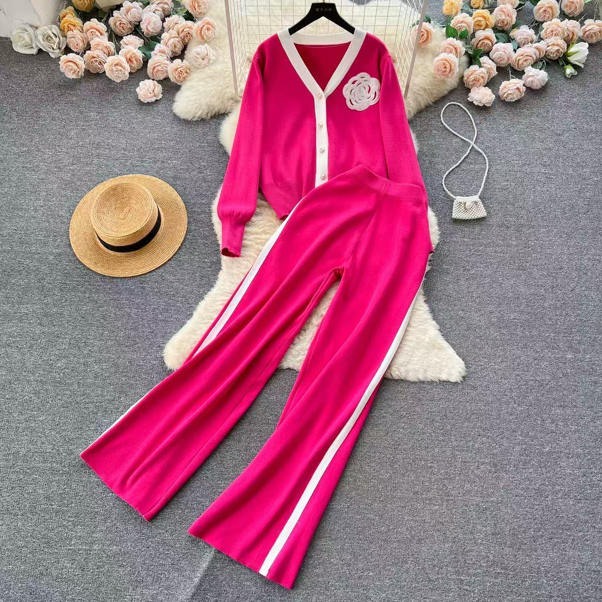 Ladies' high-grade casual knitting fashion suit women's loose long-sleeved shirt in autumn and winter+high-waist drape trousers C260312