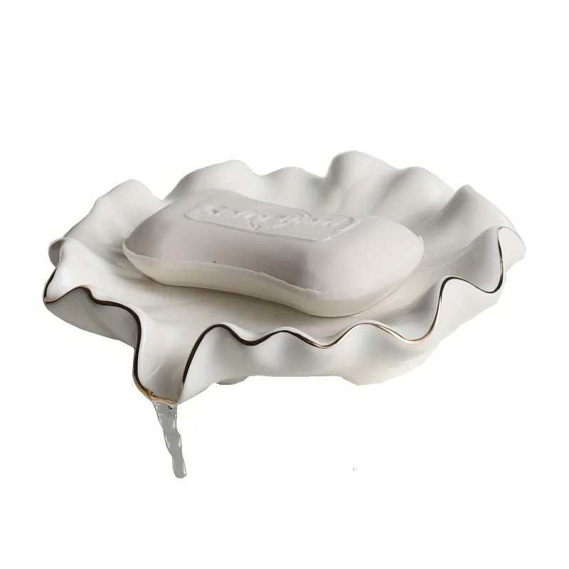 1pc Elegant White Ceramic Soap Dish with Golden RimShellInspired Design Round for Lotus Leaf Shape Holder Y251025