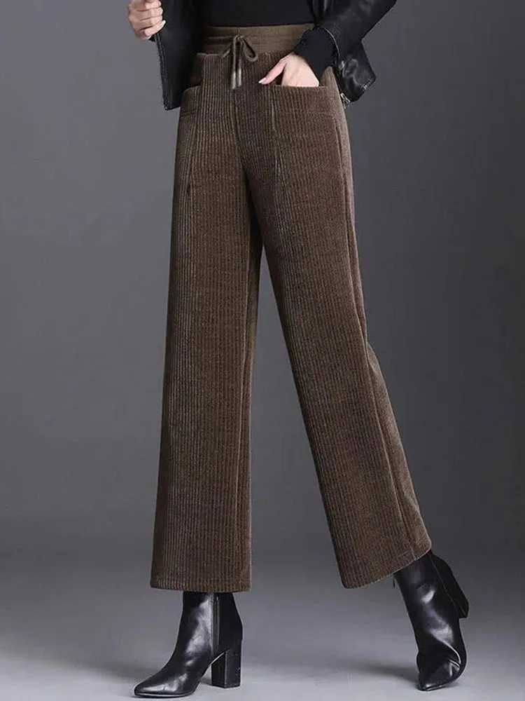 Women Thicken Winter Wide Leg Pants Warm Plus Velvet Corduroy Casual Pantalones Baggy High Waist Oversize5XL Straight SweatpantsT251025