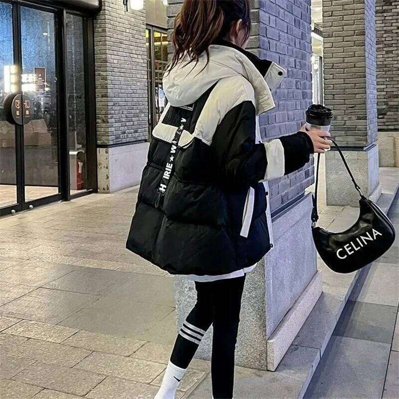 Black Medium Long Parker Cotton Jacket Women's Winter 2025 New Korean Version Loose Down Cotton Splicing Hooded Coat Warm Top
