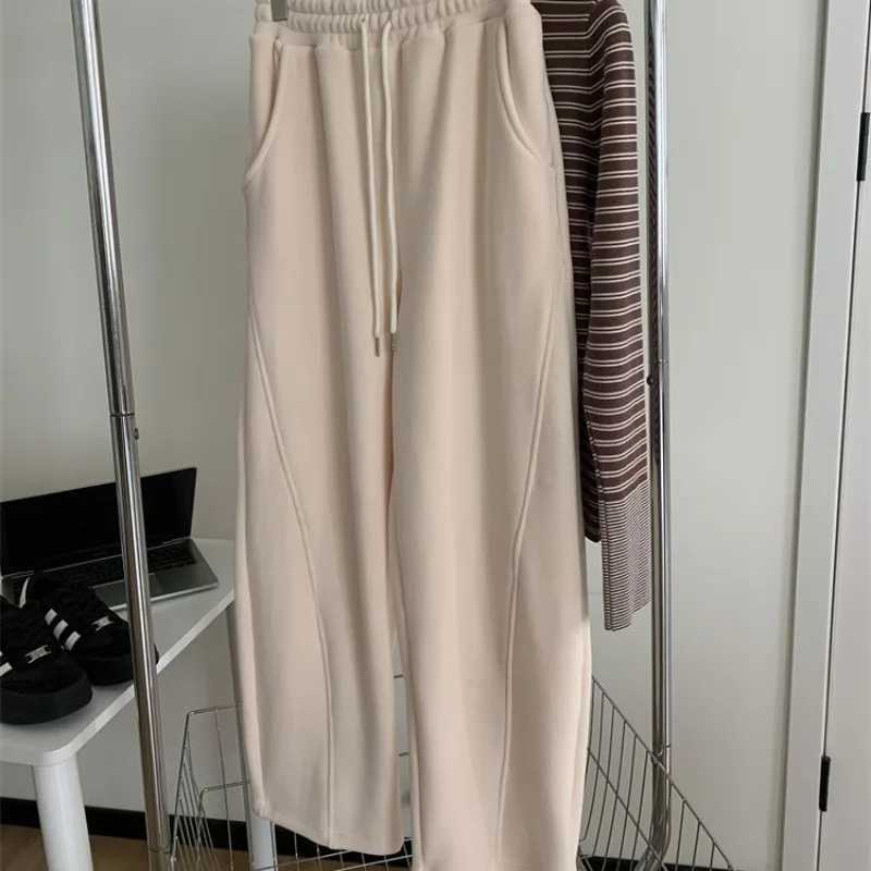 Polar Fleece Pants Women High Waist Baggy Wide Leg Sweatpants Thickening Straight Drawstring Warm Stitching Straight TrousersT251025