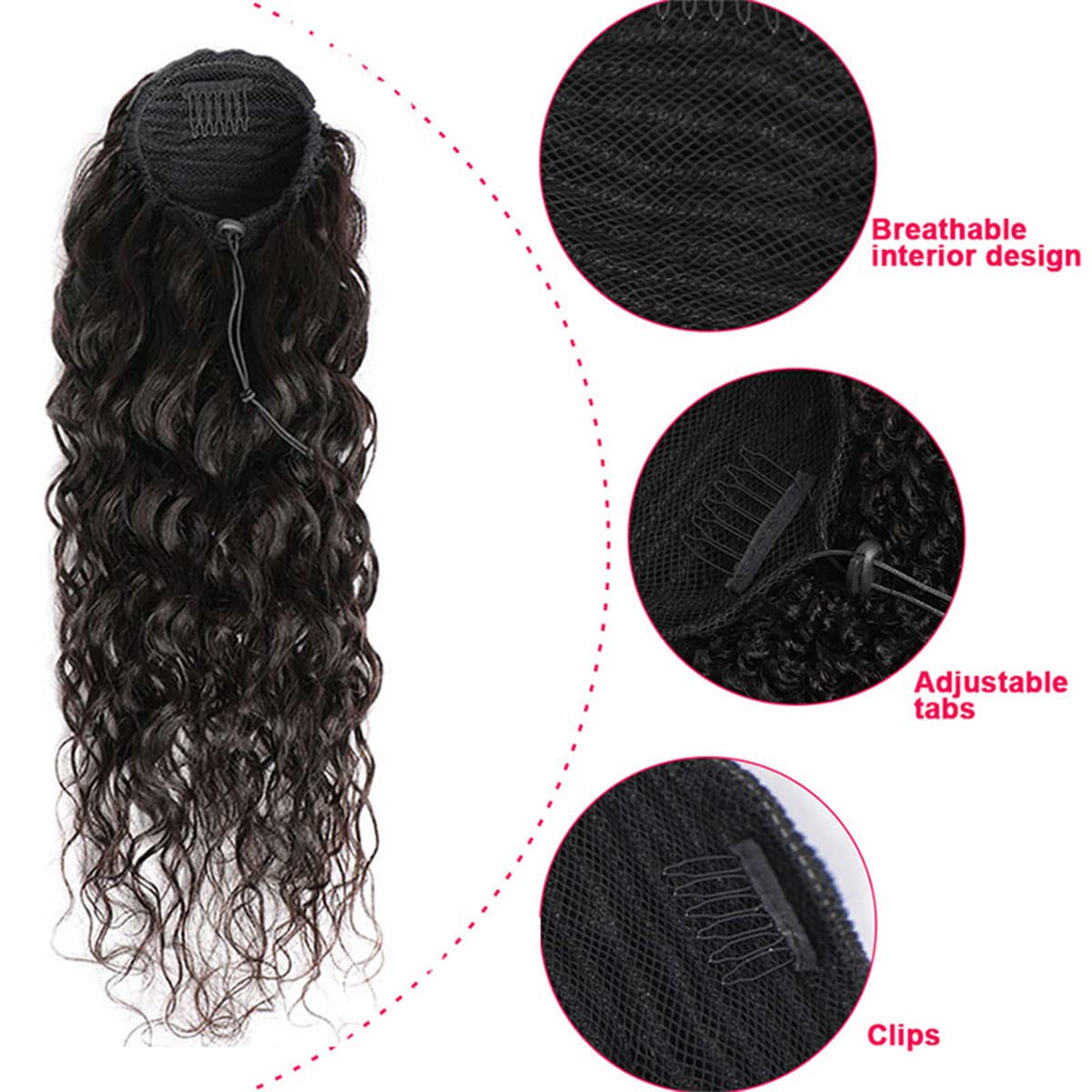 100% Human Hair Drawstring Ponytail Water Wave in Natural Color 1B Corn Wave Ponytail Clip in for Black Women Full End Hair