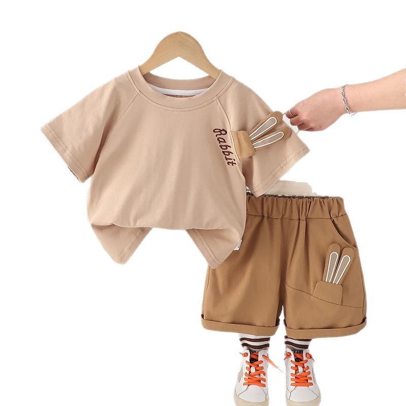 Free Shipping 2025 Boys Summer Clothes Set Rabbit Print Short Sleeve Two-Piece Outfit Korean Style Shorts Set