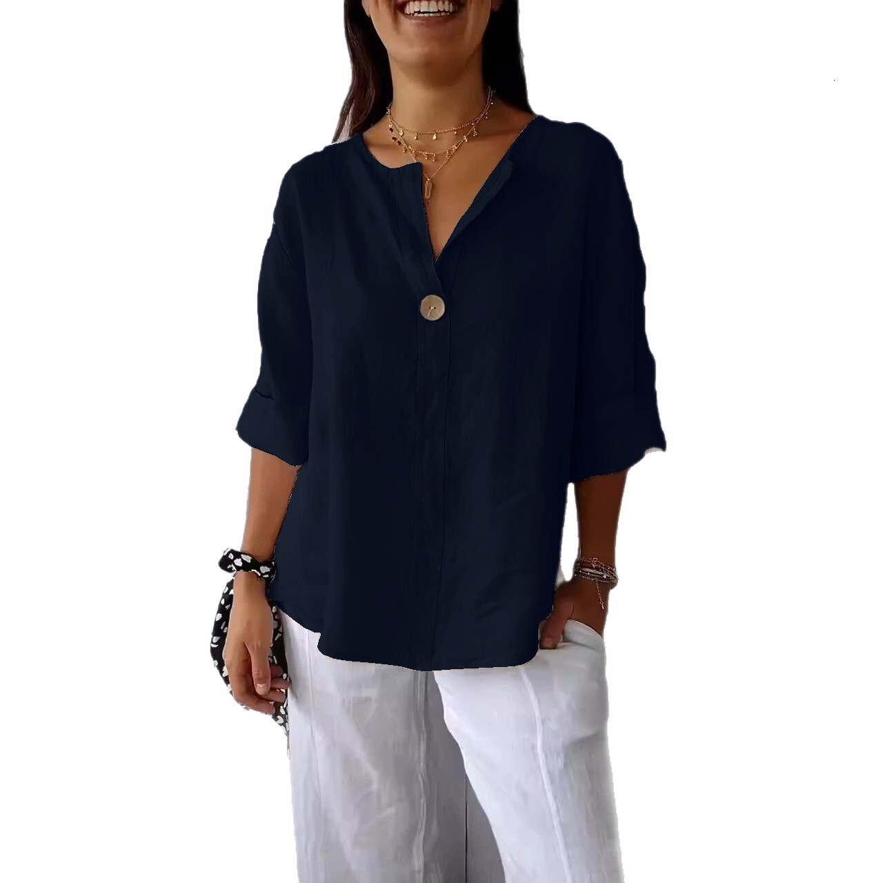 2025 Autumn Winter New Casual Button Round Neck Loose TShirt Womens Fashion